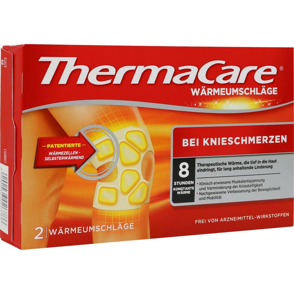Rote Verpackung von ThermaCare bei Knieschmerzen mit wärmeabgebenden Umschlägen.