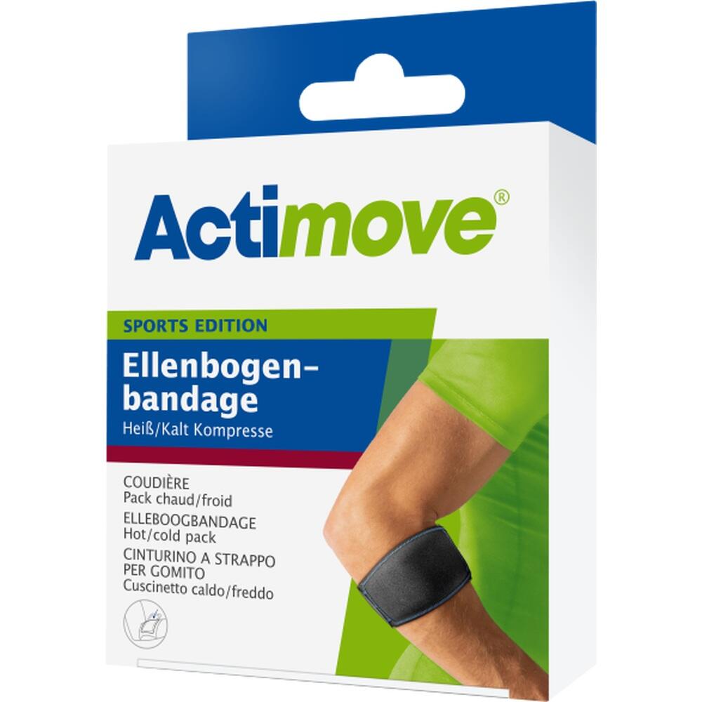 Verpackung einer Ellenbogenbandage mit Wärme- und Kältekompresse.
